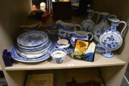 A large group of blue and white ceramics, to include Willow Burslem, Delfts, Seaforth, Landscape
