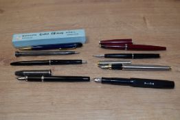 A selection of fountain pens ballpoint pens and propelling pencils. Includes Kaweco Sport, a