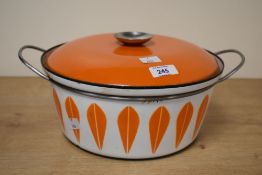 A mid-century Carthineholm of Norway orange enamel lotus pot, diameter measures 27cm.
