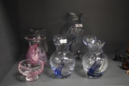 An Adrian Sankey hand-made glass vase, of flared baluster form with pink swirled decoration, label