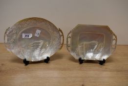 An attractive carved mother-of-pearl dish turned from a pearlshell, the rim engraved with foliage