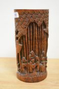 An early 20th century Chinese bamboo brush pot depicting traditional landscape scenes, h23cm