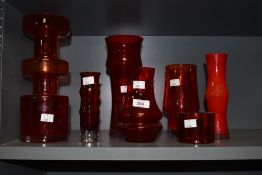 A large ruby red Riihimaki hooped glass vase, h28cm, sold together with similar style glass vases, (