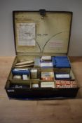 A Metal BR LMS Standard First Aid Box with contents, many items still present, 39cm x 30cm