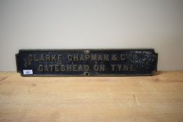A cast metal Sign, CLARKE CHAPMAN &co Ltd, GATESHEAD ON TYNE, black background, four fastening