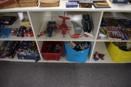 Six Shelves of playworn modern Lego, part made models include 10220 Volkswagen T1 Camper Van with