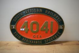 A South African Railways dual language brass Cabside Numberplate 4041 GEA ex 4-8-2 and 2-8-4 Garratt