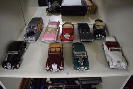 Nine Maisto 1:18 scale Die-casts, Mercedes Benz 1955 300S in white and also in brown, Jaguar 1959