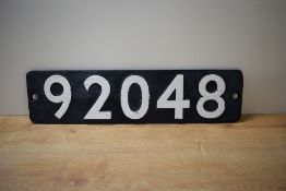 A Locomotive Smoke Box Number Plate 92048, Cast Metal, white numbering, black background, two
