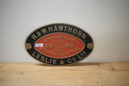 A Cast Worksplate R&W HAWTHORN LESLIE & CO LTD ENGINEERS NEWCASTLE ON TYNE 3133 1915. ex 0-6-0 ST