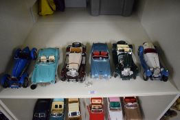 Six Burago 1:18 scale Die-casts, 1934 Bugatti Type 59, 1957 Chevrolet Corvette, 1928 Mercedes Benz