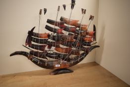 A coloured horn Model Sailing Vessel, length 76cm, height 58cm