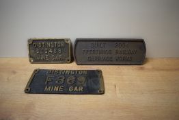 Three Mining/Wagon Plates, DISTINGTON F369 MINE CAR, 23cm x 10cm, DISTINGTON S10486 MINE CAR 15cm