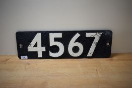 A Locomotive Smoke Box Number Plate 4567, Cast Metal, white numbering, black background, two