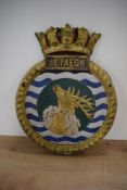 A Cast Metal painted Ships Name Crest, ACTAEON, Wolf and Stag decoration with Crown, two fastening
