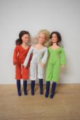 Three 1977 Spelling Goldberg Dolls, Charlie's Angels, all dressed in cat suits and boots, Lime