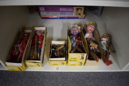 Five Pelham Puppets, SL Cinderella, SM Old Lady, Bengo all in correct named boxes, SL Wizard in un-