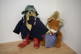 Two Soft Toys, Paddington wearing blue jacket, red boots and green hat, height 46cm, no makers label