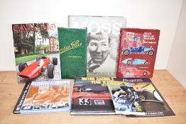 A box of motoring and racing volumes includes Stirling Moss, The Vanden Plas etc