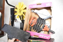 Two boxes including tools, pop rivetter, valve press, mirrors, radios, etc