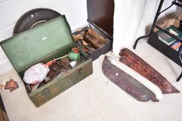 A metal tool box and a quantity of Triumph Herald spares including wheel etc