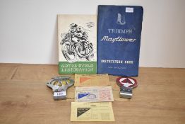 A book of petrol ration coupons, a Triumph Mayflower Instruction book, a Motor Cycle Lubrication