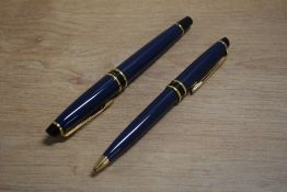 A Waterman Expert cartridge converter fountain pen and ballpoint pen in Blue Laque