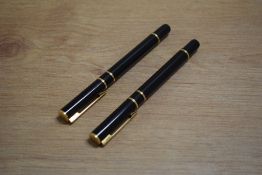 Two Waterman Laureat cartridge fill fountain pens in Black Laque having Waterman France one F one M