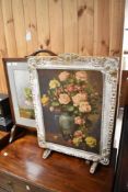 Two traditional decorative fire screens, with with still life flower designs