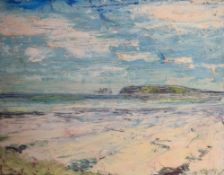 A 20th century Sgraffito oil on board, coastal scene, possibly Irish, markings appearing to be