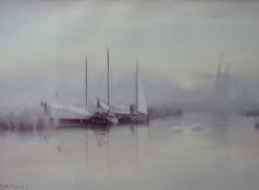 After David F. Dane (British contemporary) colour print, Norfolk Broads scene with boats and
