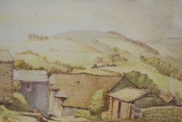 Bertha Wood, 20th century English school watercolour, 'Lothersdale' farm buildings and surrounding