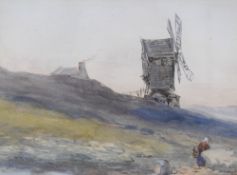 After John Skinner Prout (British 1806-1876) watercolour, rural windmill scene with lone figure,