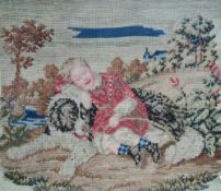Two Victorian rosewood framed needlework panesl, depicting a child and her canine companion