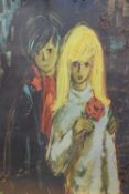 After P Clapera (mid 20th century Continental) colour print on metallic foil, two adolescents,