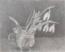 Vesela Sultanova 'VesA' (Contemporary) pencil on paper, still life showing vase with snowdrops,