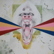 Artist unknown, a contemporary oil on canvas 'Monkey Cube' entitled verso along with artists