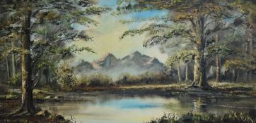 A decorative mid-late 20th century Alpine lake scene oil on canvas, signed Best lower left, within a