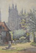 A 20th century English school watercolour, cathedral scene, signed 'Marc' lower right, within a