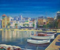 A 20th century oil on board, a colourful mediterranean coastal town scene with moored and grounded