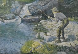 Frederick M Spiegle (American 1863-1942) colour print, depicting lone fisherman by river, within