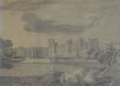 An interesting 19th century pencil study 'Carnarvon Castle' a detailed drawing with masted ships,