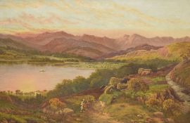 L.J Howorth (British 19th/20th century) oil on canvas, Lake District landscape with figures,