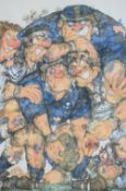 20th Century colour print, rugby themed caricature, framed, mounted and under glass, 26cm x 36cm,
