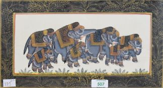 An attractive Indo-Persian/Mughal school painting on silk, depicting a troop of elephants with