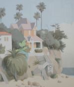 After William Buffett (American b.1935) two coloured prints, tropical coastal scenes with buildings,