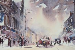 Trevor Lingard (British contemporary) watercolour, city street scene of yesteryear with motorcars,