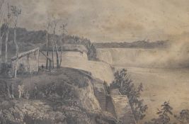 An interesting 19th century pencil drawing 'View of The Schloss Falls' (Rhine, Germany) within a