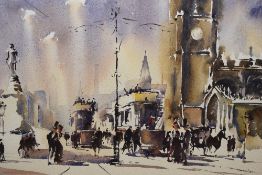 Trevor Lingard (British contemporary) watercolour, bustling cityscape of yesteryear, signed lower