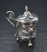 A French late 20th century 800. grade white metal mounted glass condiment pot, of circular form